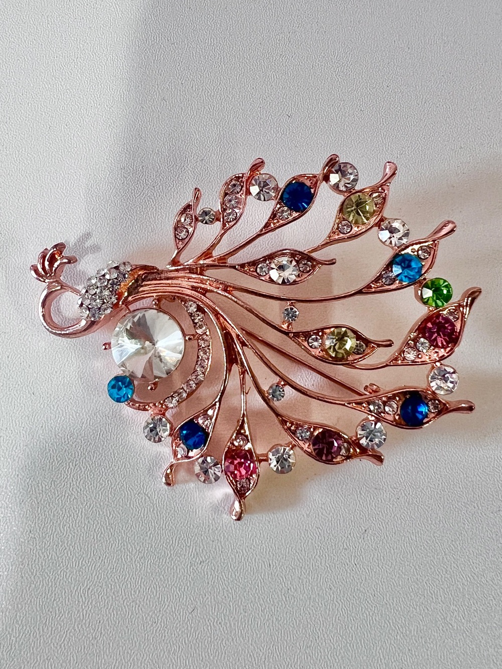 Rose Gold Peacock Crystal Brooch — Multicolor Rhinestone Accent